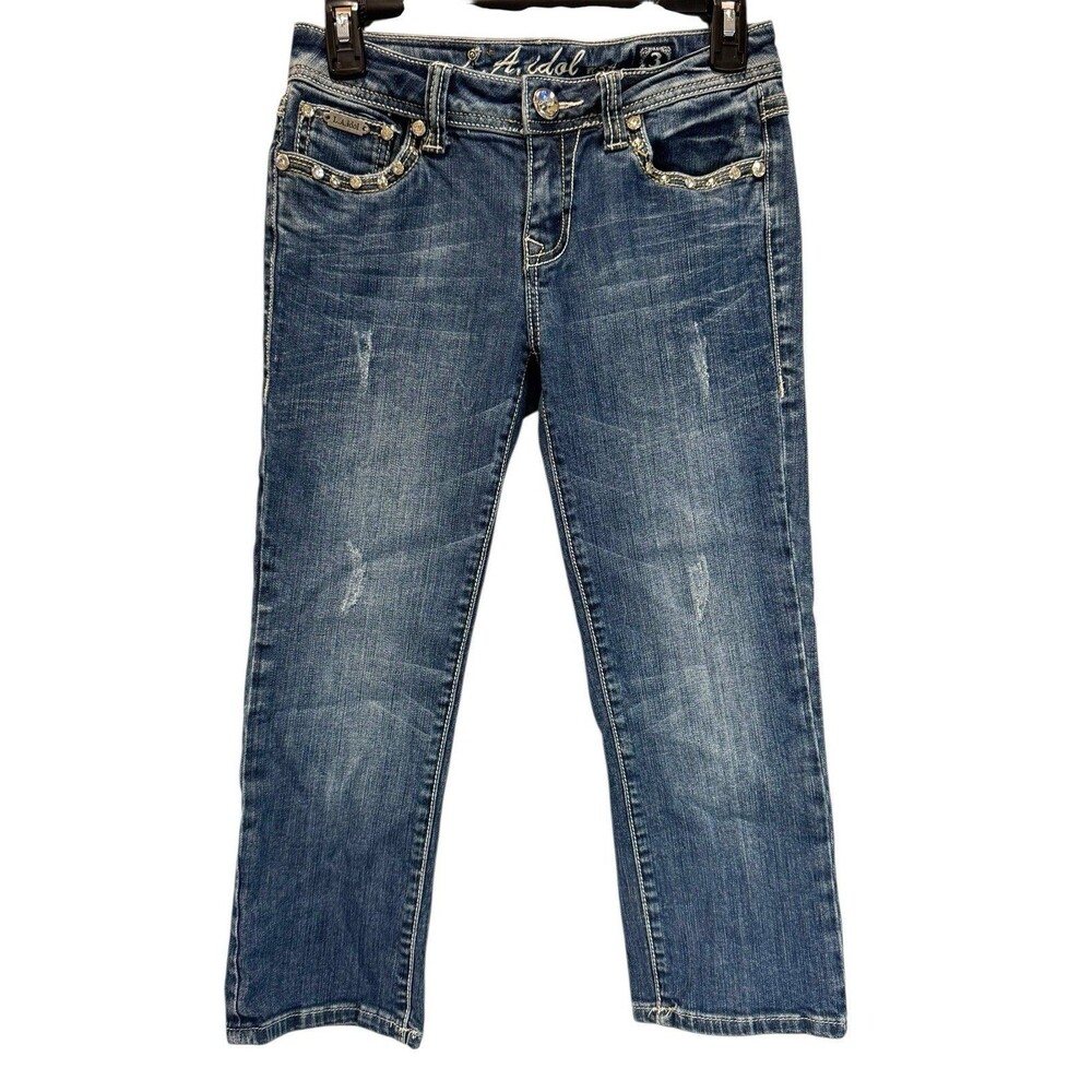LA IDOL USA Embellished Button Flap Pockets Thick Stitch Capri Jeans Size 3